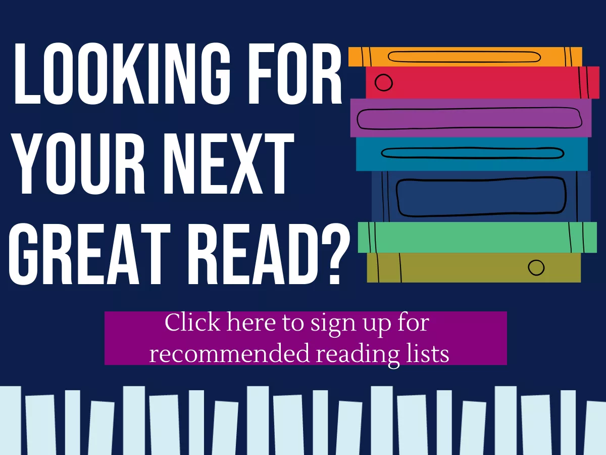 Looking for your next great read? illustration with stack of different colored books