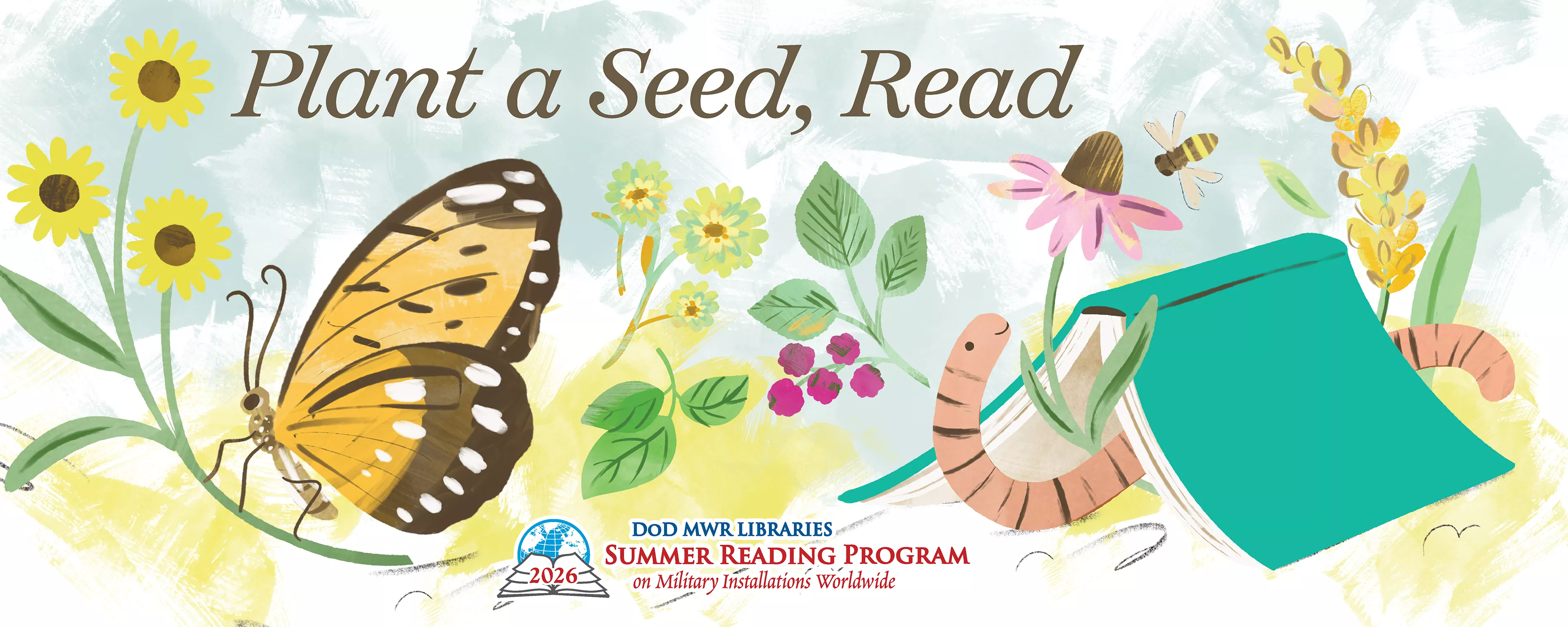 Decorative banner featuring a butterfly and a book worm.